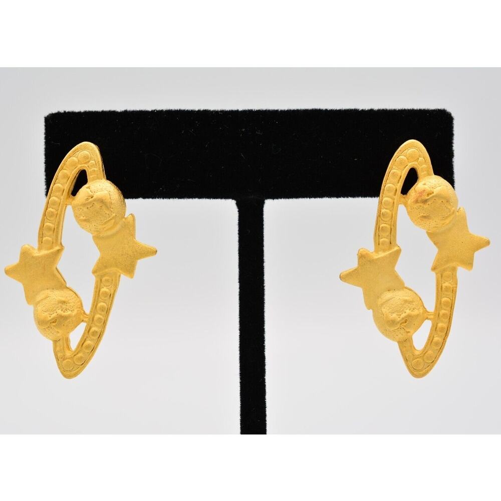 Vintage Star Celestial Earrings Galaxy Earth Orbit Brushed Gold NOS 1980s BinA9